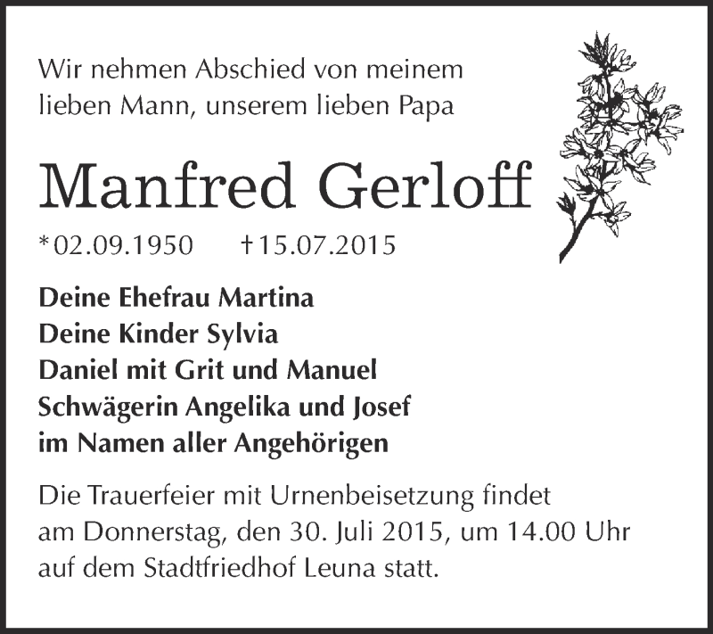  Traueranzeige für Manfred Gerloff vom 25.07.2015 aus WVG - Wochenspiegel Merseburg