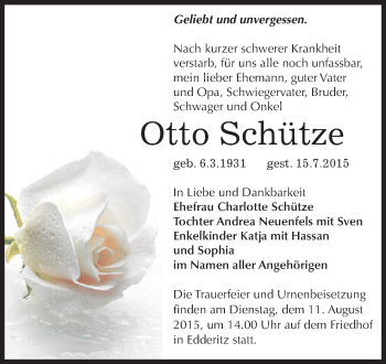 Traueranzeige von Otto Schütze von WVG - Wochenspiegel Dessau / Köthen