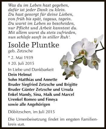 Traueranzeige von Isolde Pluntke von Super Sonntag Zeitz