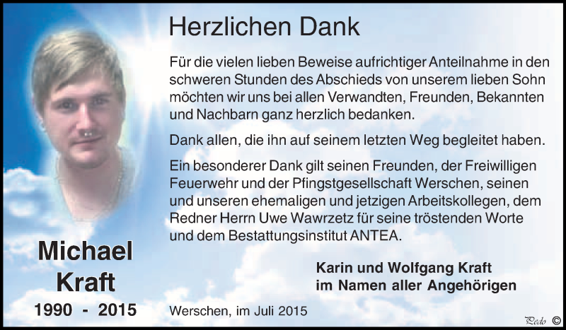  Traueranzeige für Michael Kraft vom 29.07.2015 aus WVG - Wochenspiegel NMB / WSF / ZTZ