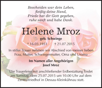 Traueranzeige von Helene Mroz von Mitteldeutsche Zeitung Dessau-Roßlau