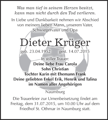 Traueranzeige von Dieter Krüger von WVG - Wochenspiegel NMB / WSF / ZTZ