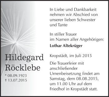 Traueranzeige von Hildegard Röcklebe von Super Sonntag Wittenberg