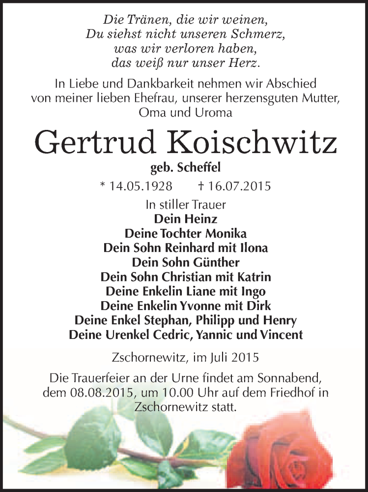  Traueranzeige für Gertrud Koischwitz vom 25.07.2015 aus WVG - Wochenspiegel Wittenberg