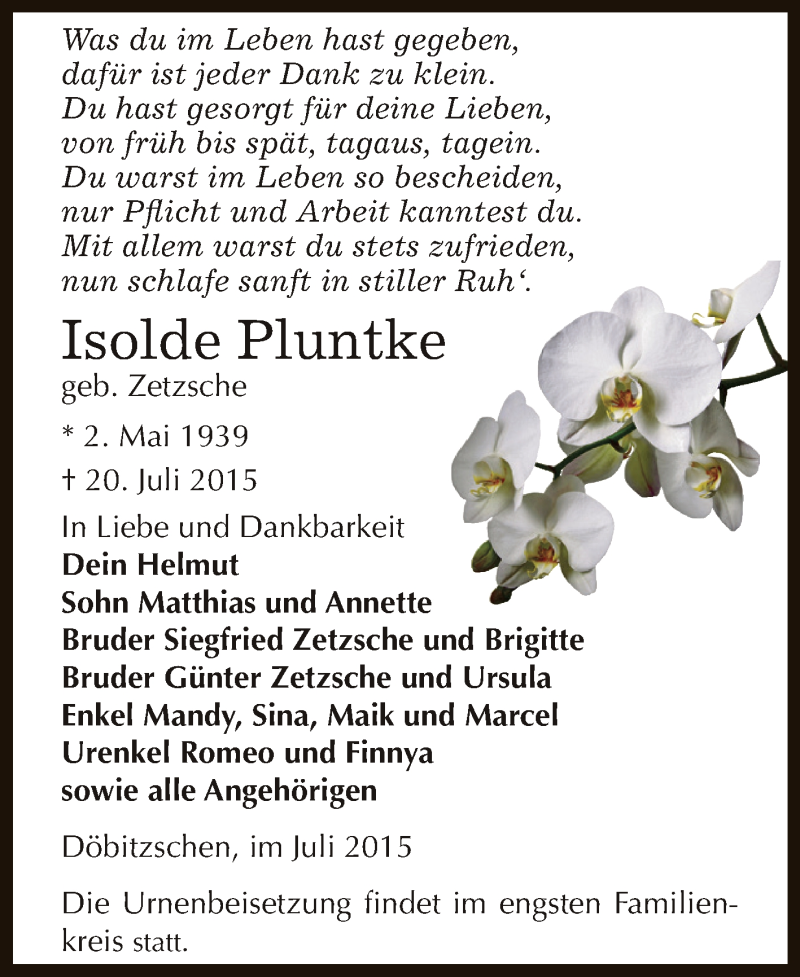 Traueranzeige für Isolde Pluntke vom 25.07.2015 aus Super Sonntag Zeitz