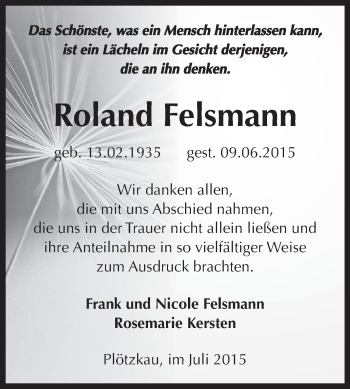 Traueranzeige von Roland Felsmann von Super Sonntag Bernburg