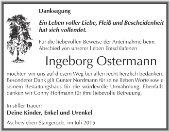Traueranzeige von Ingeborg Ostermann von Wochenspiegel Mansfelder Land