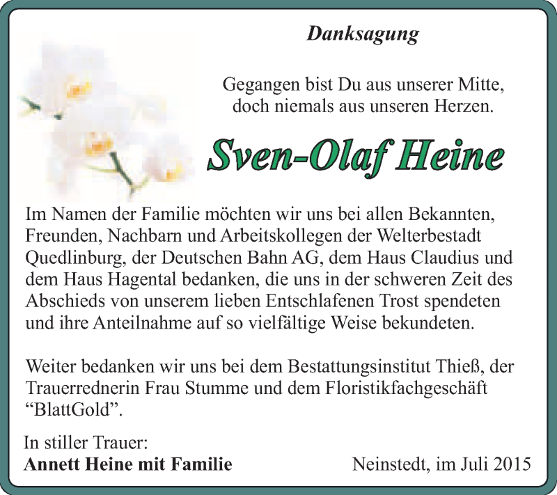  Traueranzeige für Sven-Olaf Heine vom 25.07.2015 aus Super Sonntag Quedlinburg