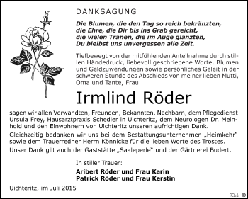 Traueranzeige von Irmlind Röder von WVG - Wochenspiegel NMB / WSF / ZTZ