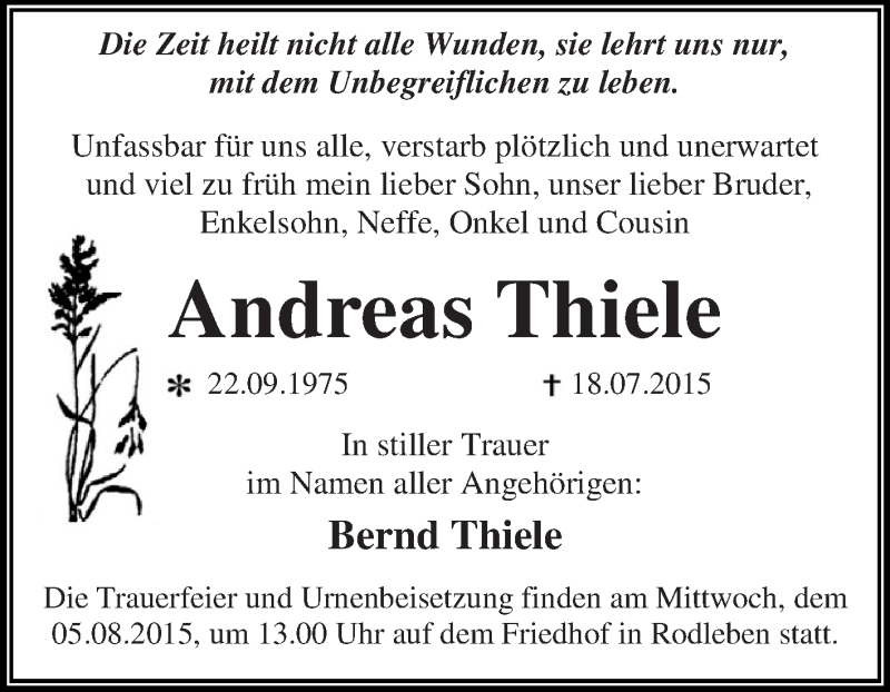  Traueranzeige für Andreas Thiele vom 25.07.2015 aus WVG - Wochenspiegel Dessau / Köthen