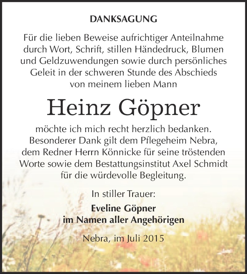  Traueranzeige für Heinz Göpner vom 15.07.2015 aus WVG - Wochenspiegel NMB / WSF / ZTZ
