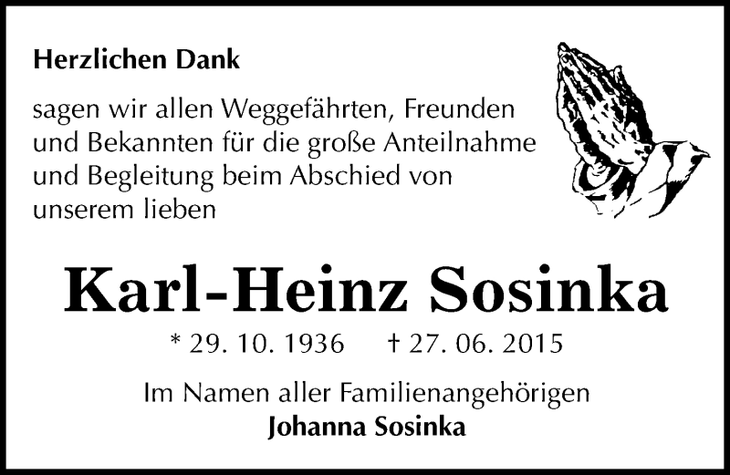  Traueranzeige für Karl-Heinz Sosinka vom 25.07.2015 aus Mitteldeutsche Zeitung Dessau-Roßlau