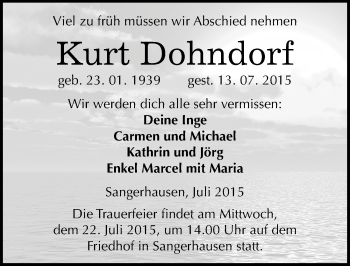 Traueranzeige von Kurt Dohndorf von Mitteldeutsche Zeitung Sangerhausen
