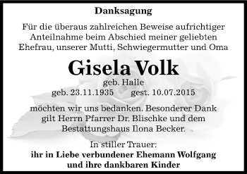 Traueranzeige von Gisela Volk von Mitteldeutsche Zeitung Sangerhausen