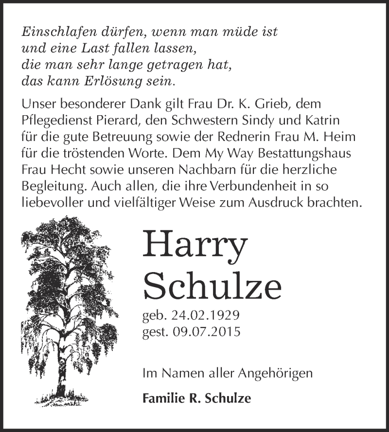 Traueranzeige für Harry Schulze vom 29.07.2015 aus WVG - Wochenspiegel NMB / WSF / ZTZ