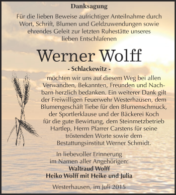 Traueranzeige von Werner Wolff von WVG - Wochenspiegel Quedlinburg