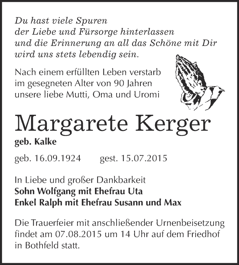  Traueranzeige für Margarete Kerger vom 22.07.2015 aus WVG - Wochenspiegel NMB / WSF / ZTZ