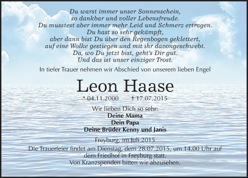  Traueranzeige für Leon Haase vom 24.07.2015 aus Mitteldeutsche Zeitung Naumburg/Nebra