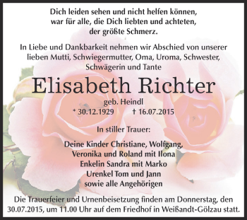 Traueranzeige von Elisabeth Richter von WVG - Wochenspiegel Dessau / Köthen