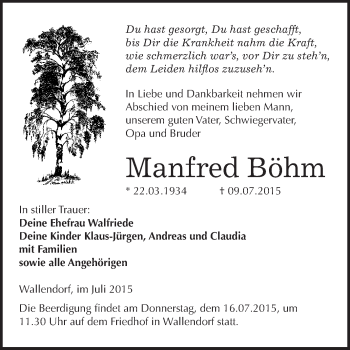 Traueranzeige von Manfred Böhm von WVG - Wochenspiegel Merseburg