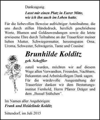 Traueranzeige von Brunhilde Kolditz von Mitteldeutsche Zeitung Sangerhausen