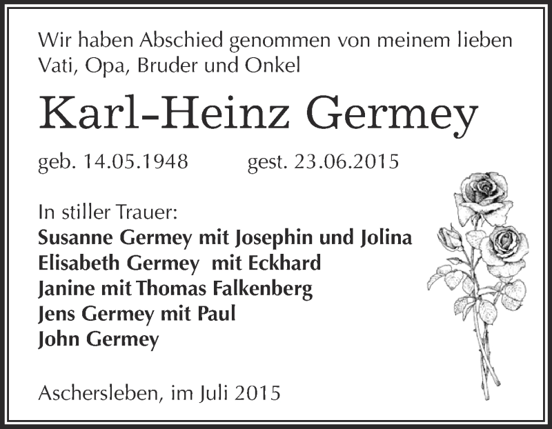  Traueranzeige für Karl-Heinz Germey vom 22.07.2015 aus Super Sonntag Aschersleben