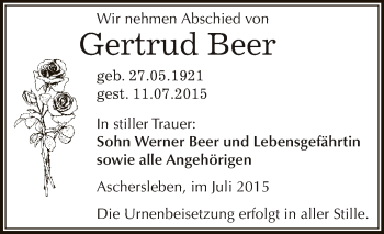 Traueranzeige von Gertrud Beer von Super Sonntag Aschersleben