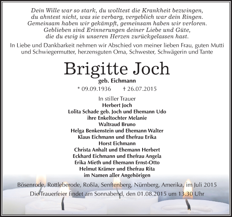  Traueranzeige für Brigitte Joch vom 30.07.2015 aus Mitteldeutsche Zeitung Sangerhausen