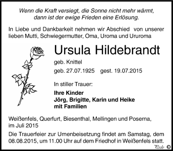 Traueranzeige von Ursula Hildebrandt von Mitteldeutsche Zeitung Weißenfels