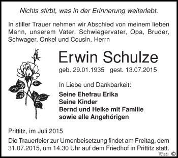 Traueranzeige von Erwin Schulze von WVG - Wochenspiegel NMB / WSF / ZTZ