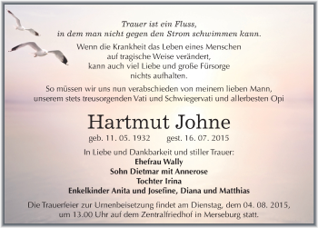 Traueranzeige von Hartmut Johne von Mitteldeutsche Zeitung Merseburg/Querfurt