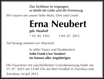 Traueranzeige von Erna Neubert von Mitteldeutsche Zeitung Wittenberg