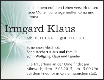 Traueranzeige von Irmgard Klaus von WVG - Wochenspiegel Wittenberg