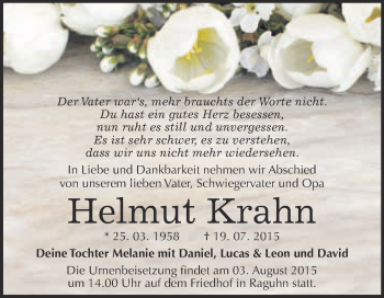 Traueranzeige von Helmut Krahn von WVG - Wochenspiegel Bitterfeld