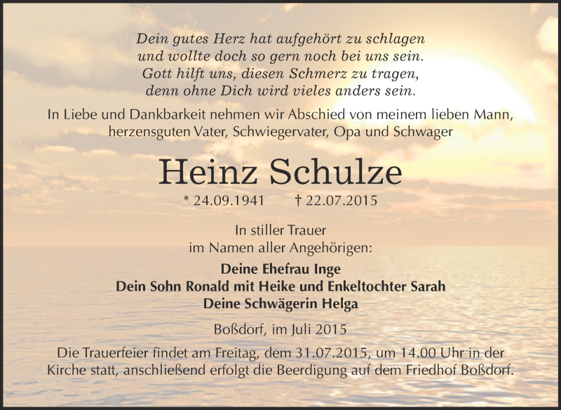  Traueranzeige für Heinz Schulze vom 25.07.2015 aus WVG - Wochenspiegel Wittenberg