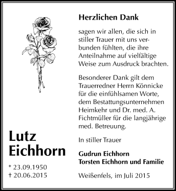 Traueranzeige von Lutz Eichhorn von Mitteldeutsche Zeitung Weißenfels