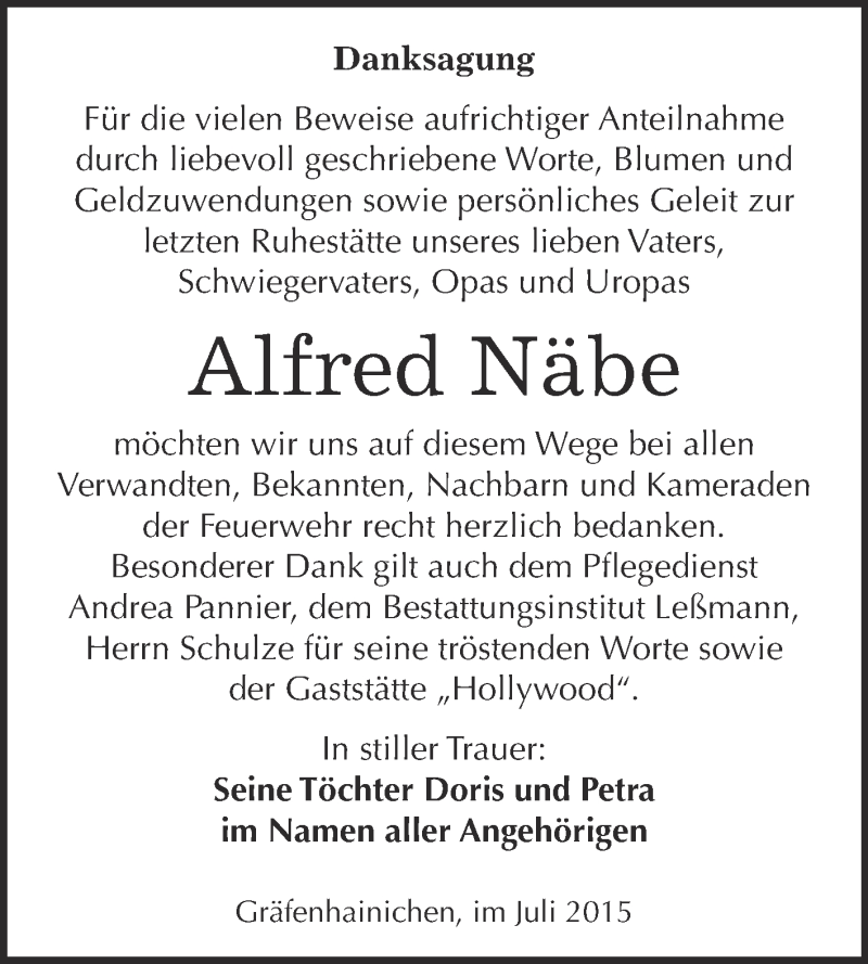  Traueranzeige für Alfred Näbe vom 25.07.2015 aus WVG - Wochenspiegel Wittenberg