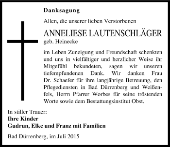 Traueranzeige von Anneliese Lautenschläger von Mitteldeutsche Zeitung Merseburg/Querfurt