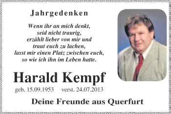 Traueranzeige von Harald Kempf von WVG - Wochenspiegel Merseburg
