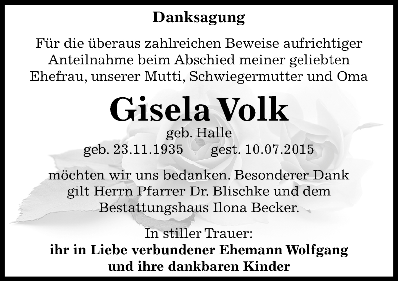  Traueranzeige für Gisela Volk vom 29.07.2015 aus Mitteldeutsche Zeitung Sangerhausen