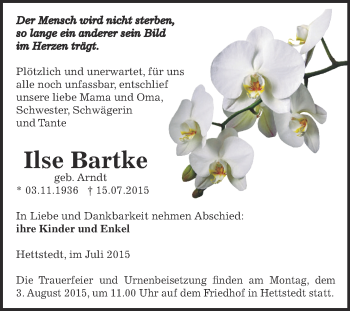 Traueranzeige von Ilse Bartke von Wochenspiegel Mansfelder Land