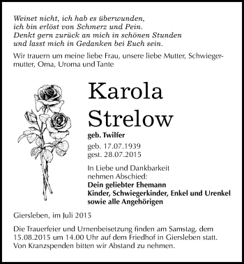 Traueranzeige von Karola Strelow von Mitteldeutsche Zeitung Aschersleben