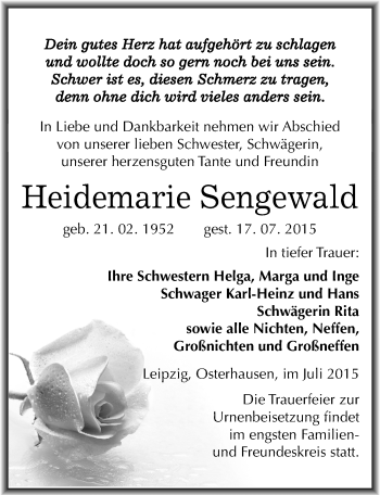Traueranzeige von Heidemarie Sengewald von Mitteldeutsche Zeitung Mansfelder Land