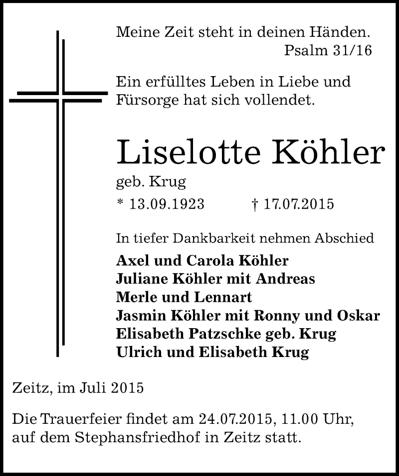  Traueranzeige für Liselotte Köhler vom 21.07.2015 aus Mitteldeutsche Zeitung Zeitz