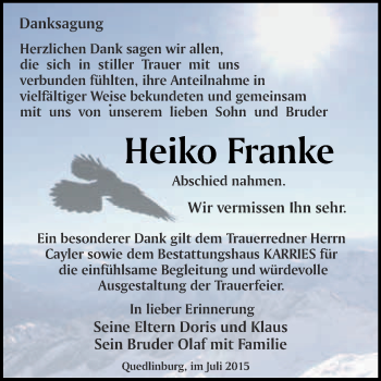 Traueranzeige von Heiko Franke von WVG - Wochenspiegel Quedlinburg