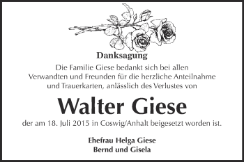 Traueranzeige von Walter Giese von Super Sonntag Wittenberg