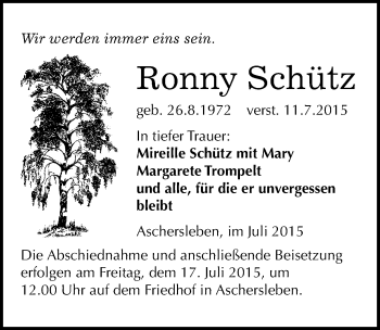 Traueranzeige von Ronny Schütz von Mitteldeutsche Zeitung Aschersleben