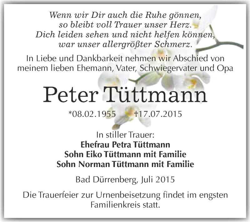  Traueranzeige für Peter Tüttmann vom 25.07.2015 aus Super Sonntag Merseburg