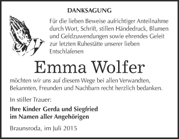 Traueranzeige von Emma Wolfer von WVG - Wochenspiegel NMB / WSF / ZTZ