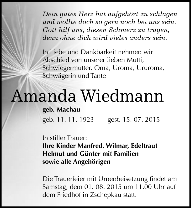  Traueranzeige für Amanda Wiedmann vom 25.07.2015 aus Mitteldeutsche Zeitung Bitterfeld